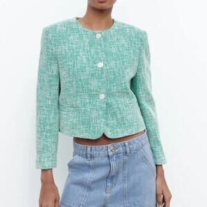 Zara Green Tweed Cropped‎ Tailored Blazer Small Feminine Preppy Twee Classic